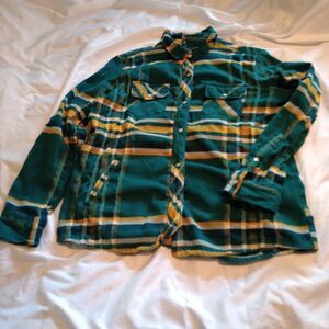 American Sweetheart Flannel Pearl Snap Heavyweight Shirt. Green Gold Print